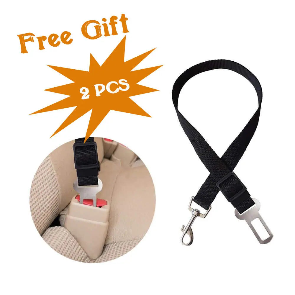 Black dog seatbelt harness strap with metal car clip shown in beige car seat, labeled as Free Gift 2 PCS on white background
