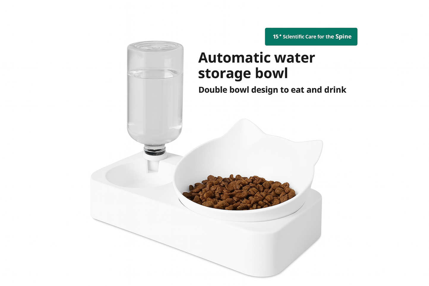 Double Cat Bowls with Auto Water Bottle – Raised & Tilted
