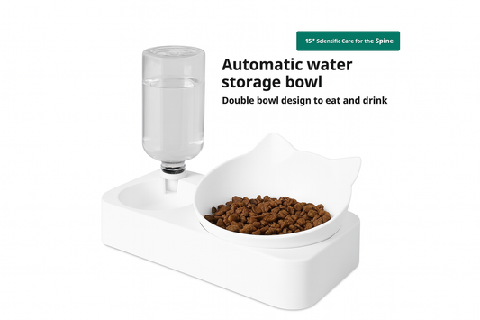 Double Cat Bowls with Auto Water Bottle – Raised & Tilted