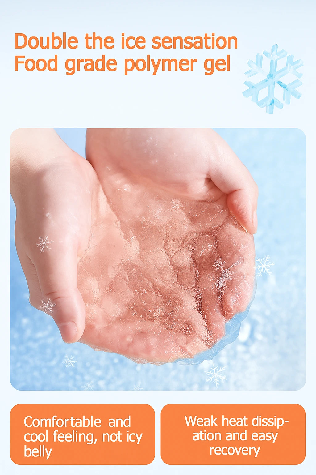 Hands holding transparent food-grade polymer gel with snowflake overlays and comfort-related text, demonstrating cooling effect