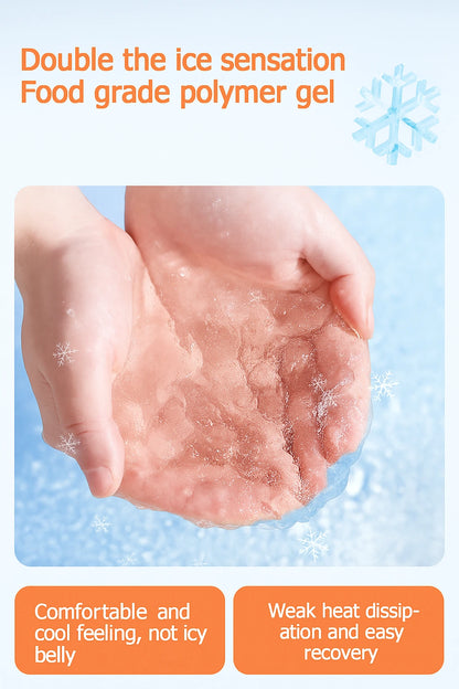 Hands holding transparent food-grade polymer gel with snowflake overlays and comfort-related text, demonstrating cooling effect