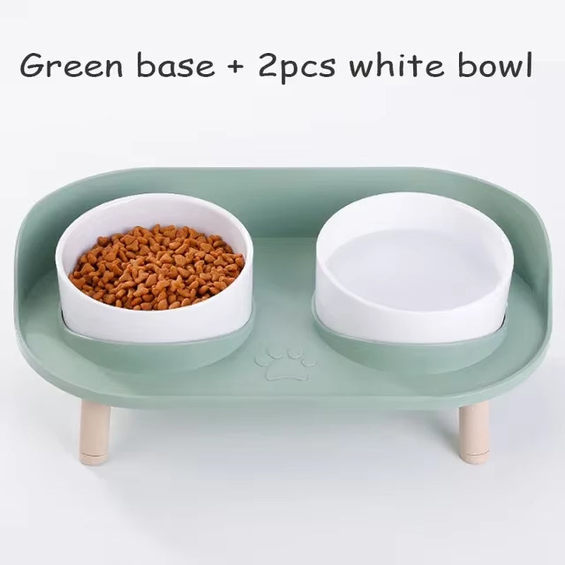 Green Base Adjustable Elevated Pet Feeder – 2 White Ceramic Bowls with Anti-Spill Design for Dog and Small Cats