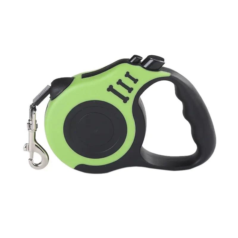 Green and black retractable dog leash with sturdy metal clip on a white background