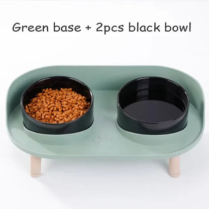 Green Base Adjustable Pet Feeder – 2 Black Ceramic Bowls on Raised Anti-Spill Stand for Dogd and Small Cats