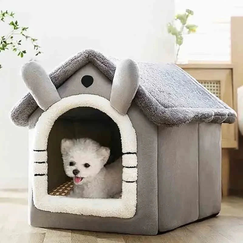 Small White Dog Relaxing Inside Cozy Grey Indoor Dog House with Soft Roof and Removable Cushion – Ideal for All Pet Sizes