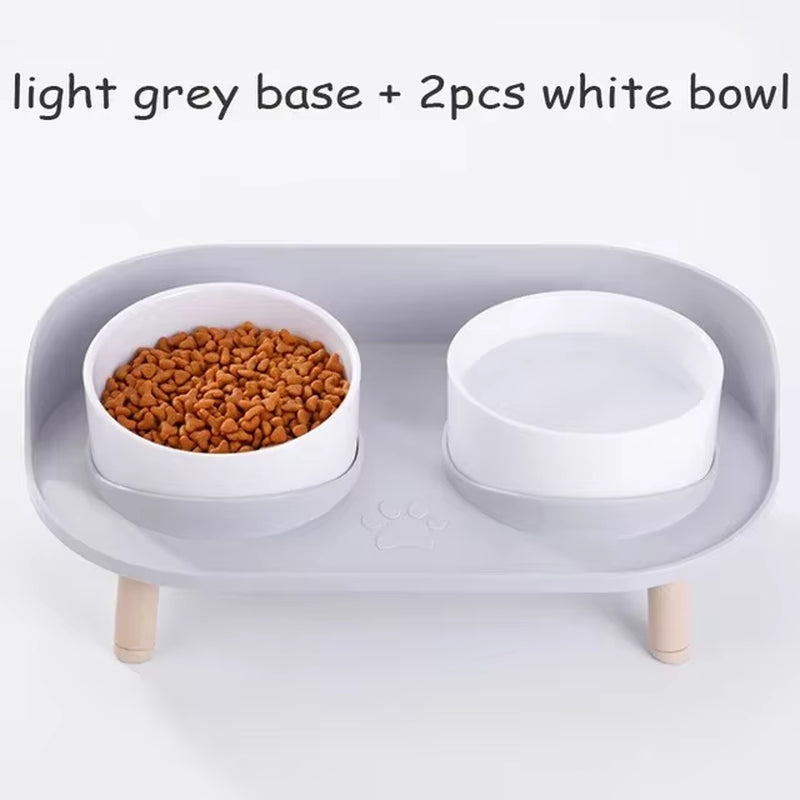 Light Grey Adjustable Raised Pet Feeder – Double White Ceramic Bowls on Non-Slip Stand for Dogs and Small Cats
