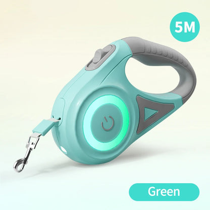 PawControl 5M Retractable Dog Leash – Green LED Lighted Leash with Anti-Slip Handle and Quick Lock Button