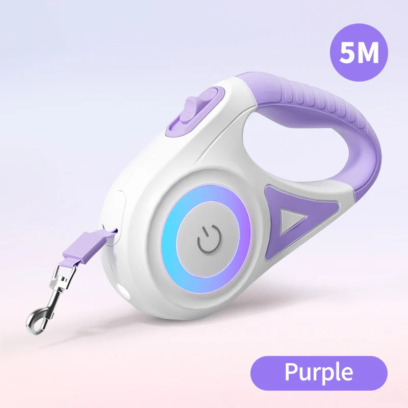 PawControl 5M Retractable Dog Leash – Purple LED Lighted Leash with Anti-Slip Grip and One-Touch Brake Lock