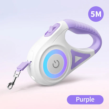 PawControl 5M Retractable Dog Leash – Purple LED Lighted Leash with Anti-Slip Grip and One-Touch Brake Lock