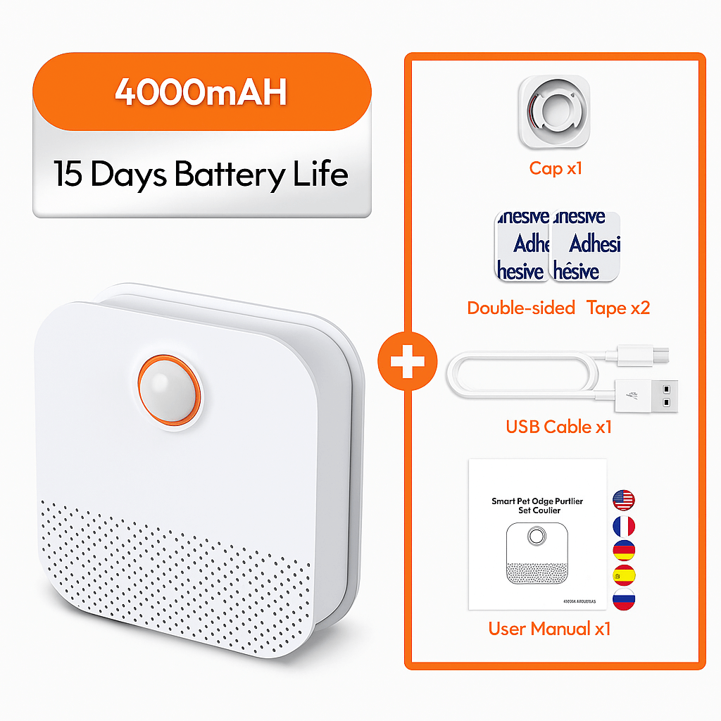 Smart Pet Air Purifier Kit – Includes Cap, Adhesive, USB Cable & Manual (15-Day Battery Life)