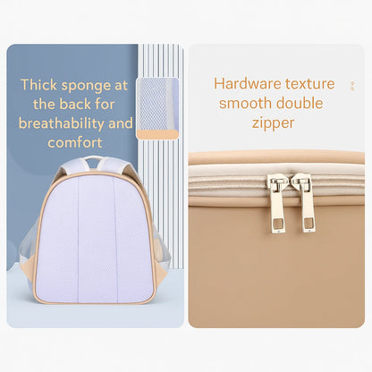 Pet backpack rear view showing breathable sponge padding and beige double zipper close-up for durability and comfort