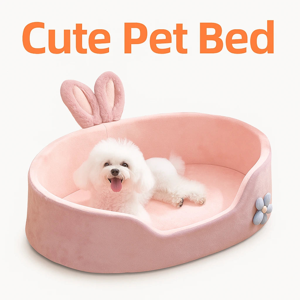 Pink bunny-eared pet bed with a happy small white dog, flower design on the side, light background