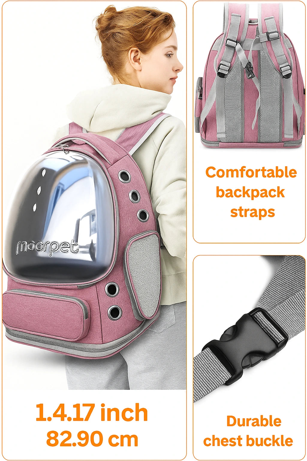 Woman wearing a pink cat carrier backpack with bubble window, adjustable padded straps, and durable chest buckle mooppet brand