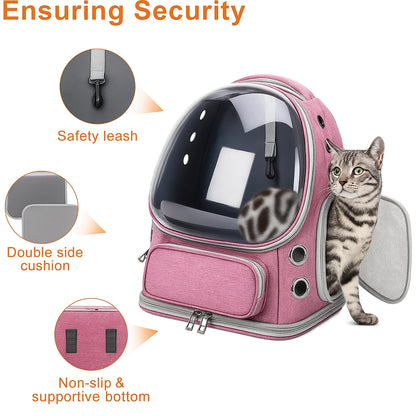 Pink pet backpack with cat peeking out, featuring built-in safety leash, double sided cushion, and non-slip bottom support on white background