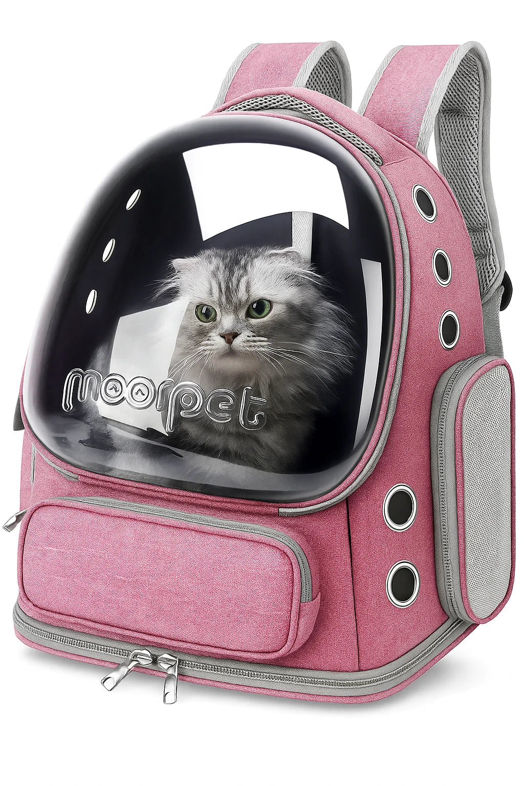 Front-facing pink space capsule cat backpack carrier with grey straps, mesh panels, ventilation holes, and a cat inside behind the mooppet-branded bubble window
