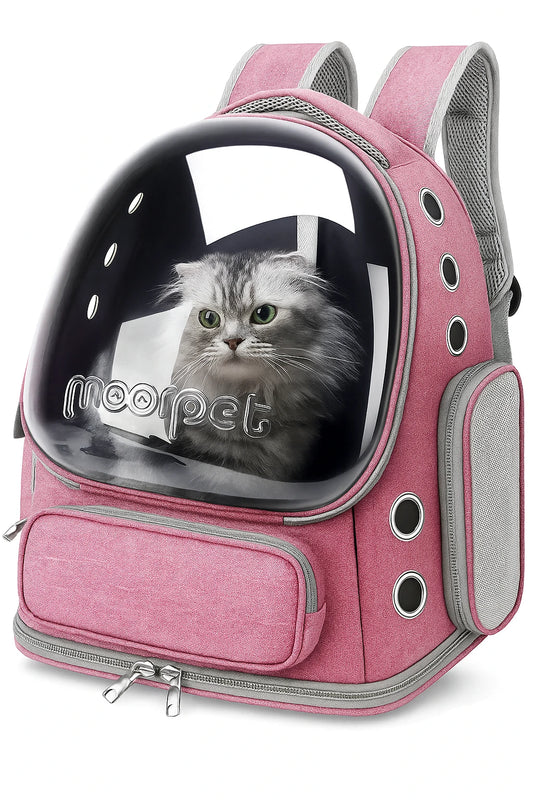 Front-facing pink space capsule cat backpack carrier with grey straps, mesh panels, ventilation holes, and a cat inside behind the mooppet-branded bubble window