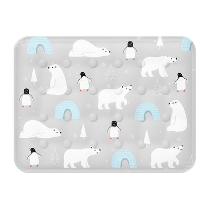 Gray silicone pet feeding mat with cartoon polar bear, penguin, and igloo design – perfect for cats and dogs