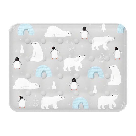 Gray silicone pet feeding mat with cartoon polar bear, penguin, and igloo design – perfect for cats and dogs