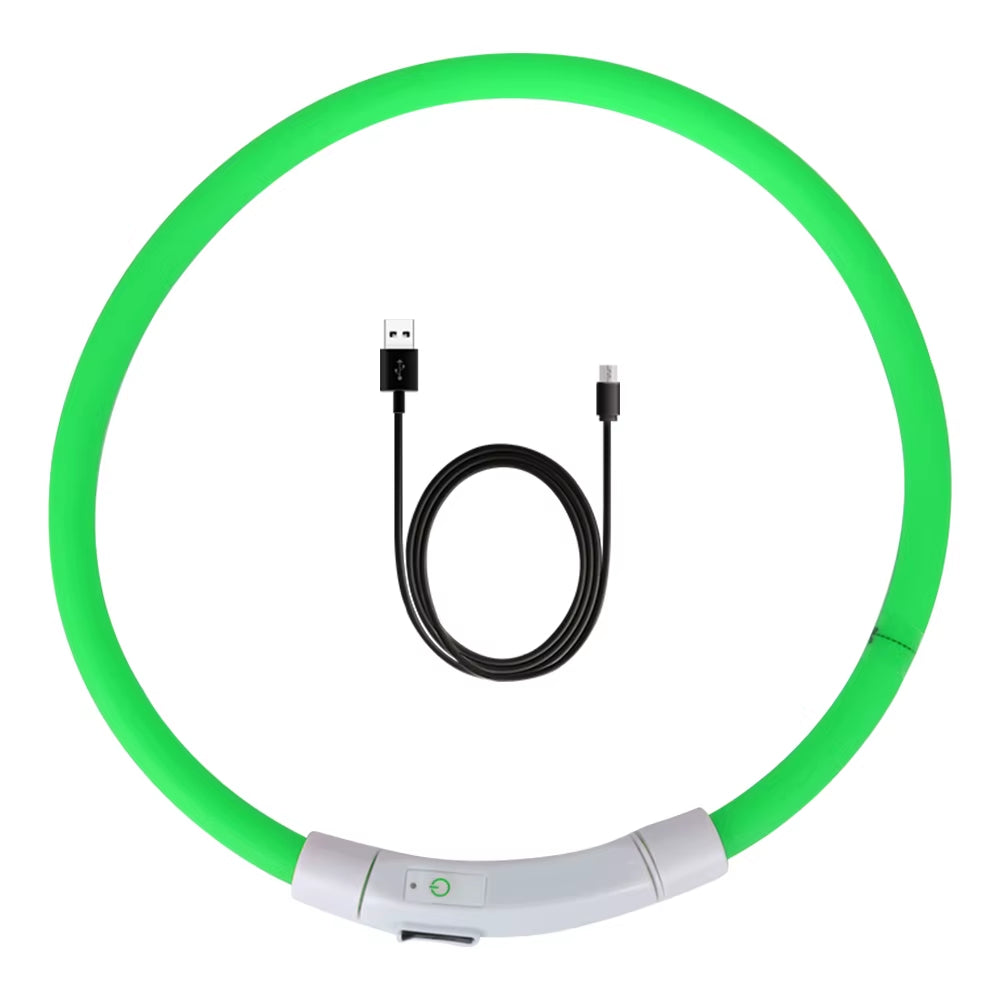 Rechargeable LED Dog Safety Collar in Green with USB Charging Cable – Adjustable Night Visibility Pet Collar