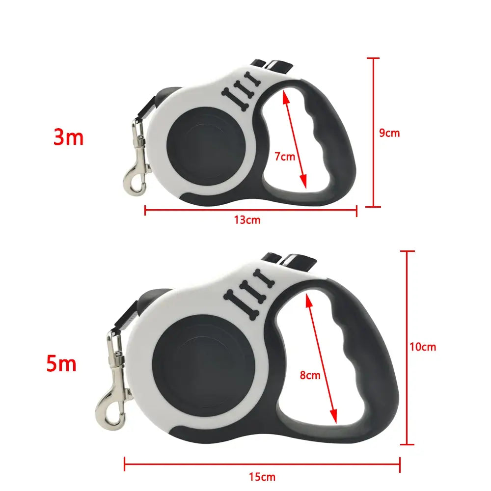 Size comparison chart of retractable dog leashes showing 3-meter and 5-meter lengths with labeled handle dimensions in centimeters