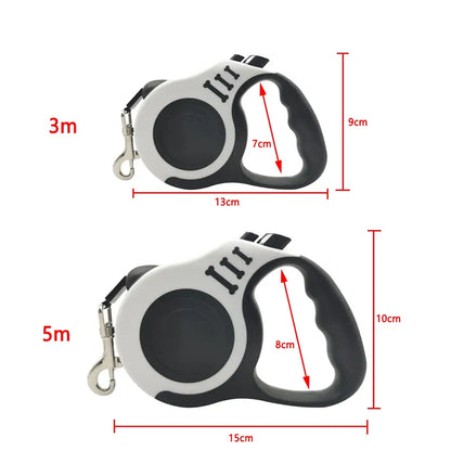 Size comparison chart of retractable dog leashes showing 3-meter and 5-meter lengths with labeled handle dimensions in centimeters