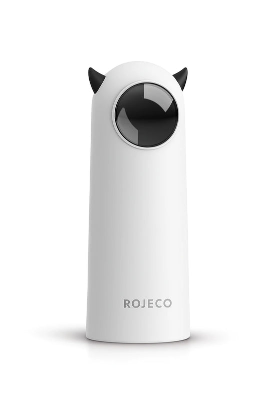 ROJECO automatic interactive cat laser toy in sleek white with black horn-shaped accents, shown on white background