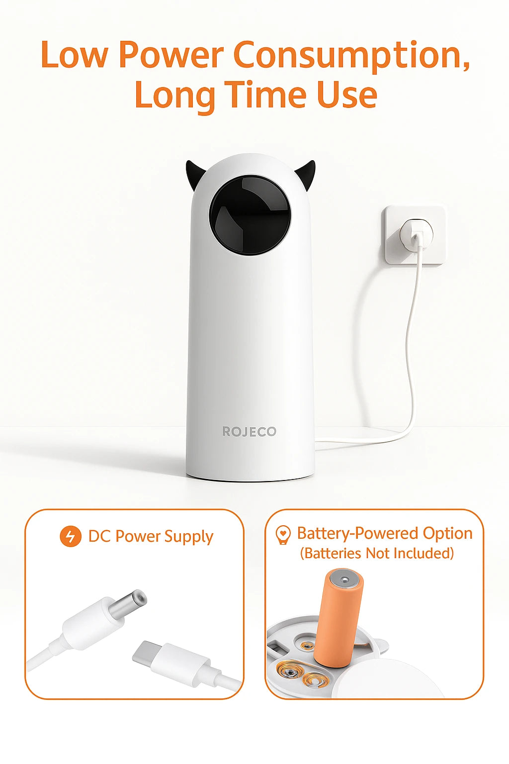 ROJECO cat laser toy showing DC and battery power options with 'Low Power Consumption, Long Time Use' message on white background