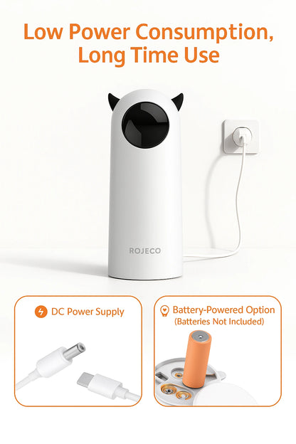 ROJECO cat laser toy showing DC and battery power options with 'Low Power Consumption, Long Time Use' message on white background