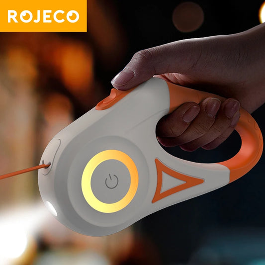 ROJECO PawControl Retractable Dog Leash with LED Light – 5M Orange Leash with Anti-Slip Handle and Night Visibility