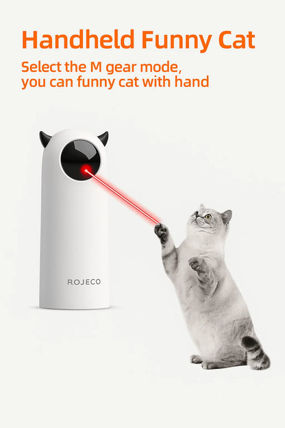 ROJECO handheld laser pointer cat toy with gray tabby interacting labeled 'Funny Cat' on white background