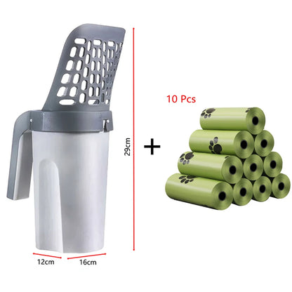 Self-Cleaning Cat Litter Scoop with Built-In Waste Box and 10 Rolls of Eco-Friendly Pet Waste Bags – Fast Sifting Design