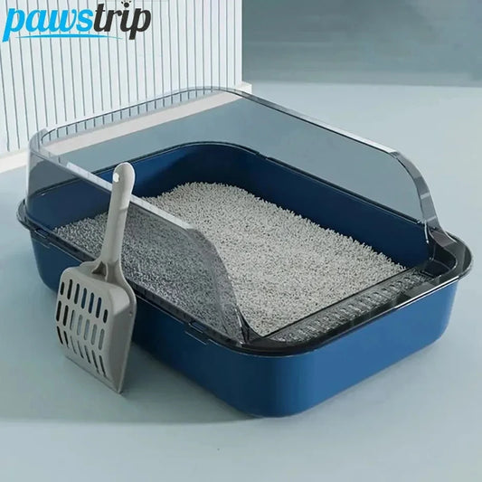 Semi-Enclosed Blue Cat Litter Box with Transparent Shield and Scoop – Ideal for Kittens and Small Pets