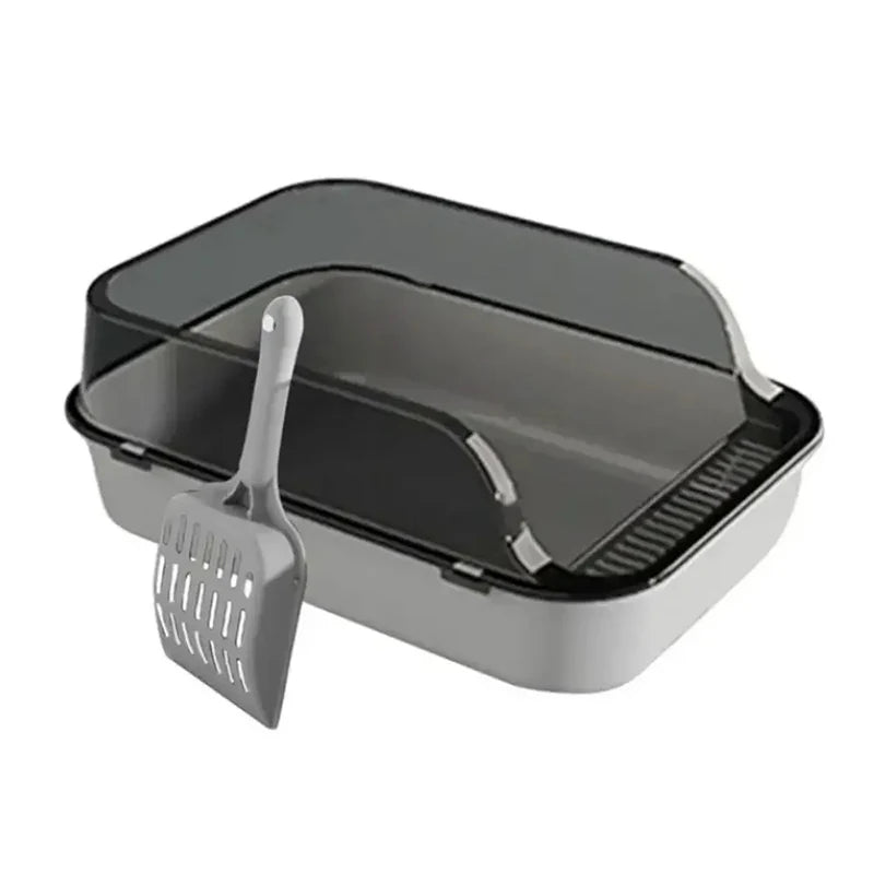 Semi-Enclosed Grey Cat Litter Box with Transparent Shield and Scoop – Suitable for Kittens and Small Pets