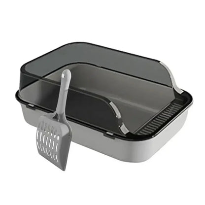 Semi-Enclosed Grey Cat Litter Box with Transparent Shield and Scoop – Suitable for Kittens and Small Pets