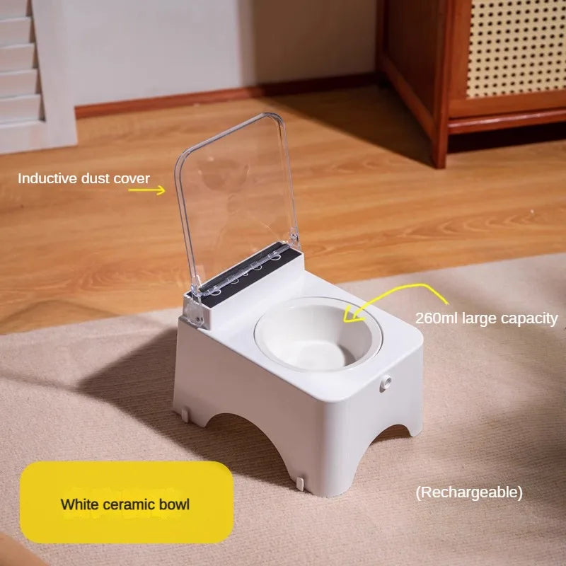 Smart Cat Feeder with White Ceramic Bowl – 260ml Capacity, Inductive Dust Cover & Rechargeable Lid